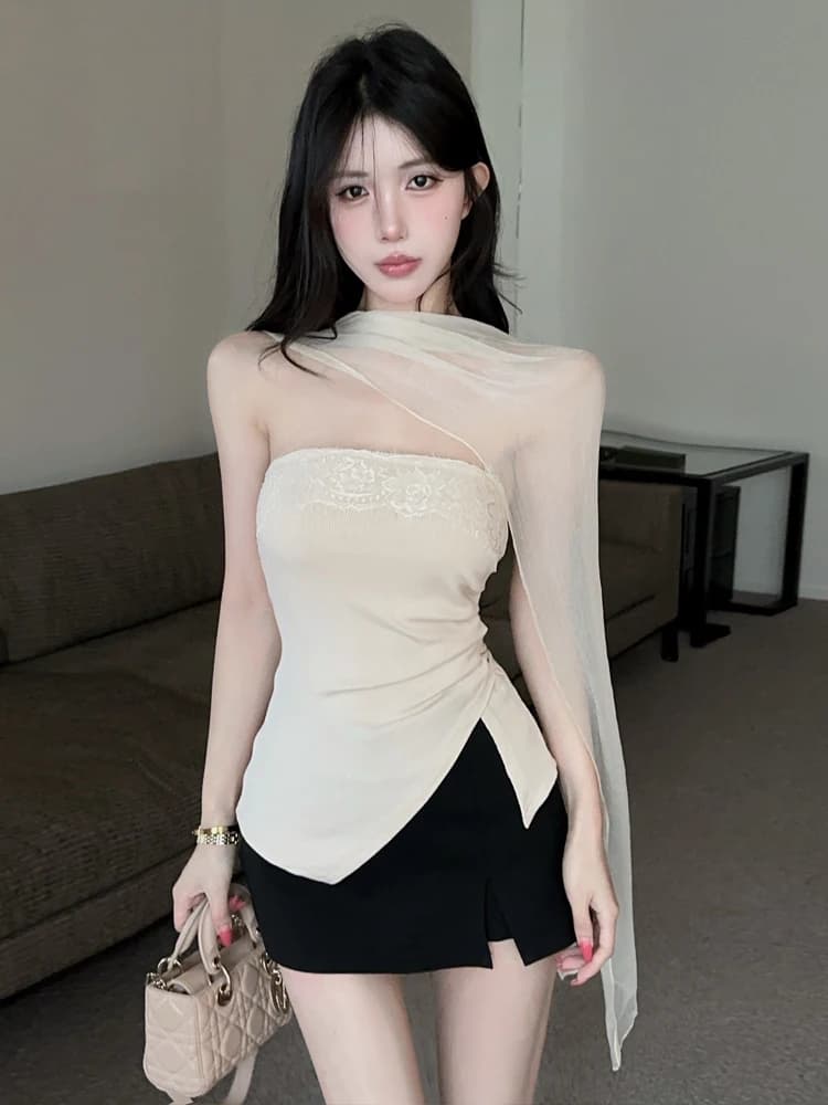 Top a Tubino Sexy con Inserti in Pizzo, Design Asimmetrico con Spacco Laterale, Sciarpa a Rete per Spalle Effetto Snellente, Gilet con Cintura, Abbigliamento Casual Traspirante