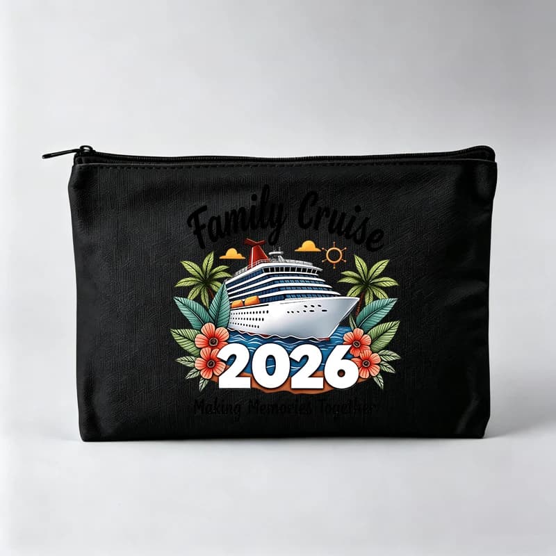 Women's Cruise Ship & Tropical Flowers Print Makeup Bag, Vacation Themed Cosmetic Pouch for Travel