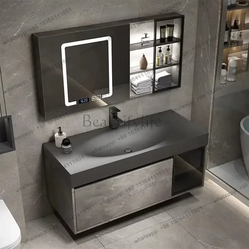 Mobile Bagno Moderno con Specchio Intelligente e Lavabo Integrato in Roccia - Armadietti per Bagno