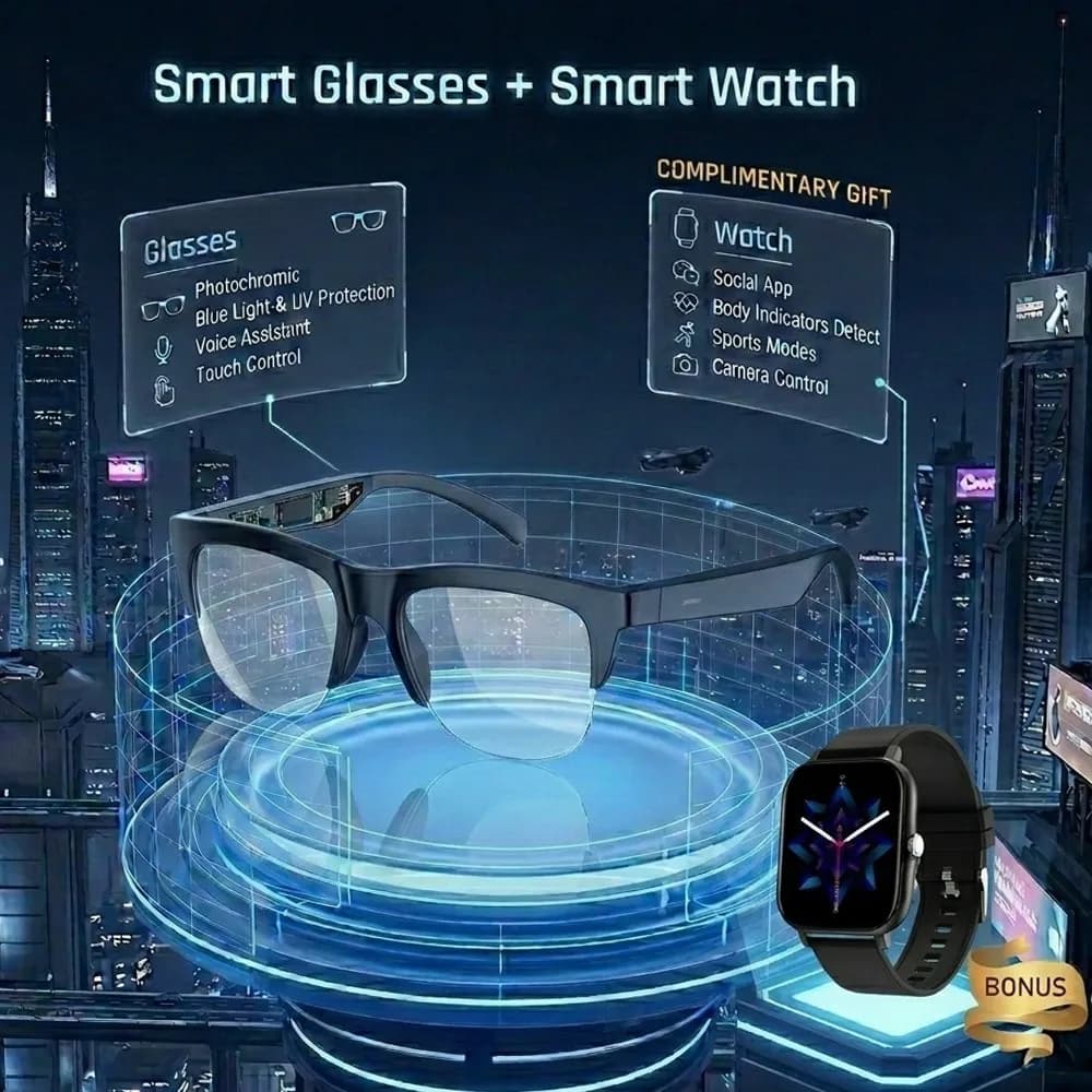 Occhiali Smart Fotocromatici e Smartwatch Set Anti-Luce Blu Chiamate Bluetooth HIFI Uomo Donna Occhiali da Sole UV400 Sport Pesca Lavoro
