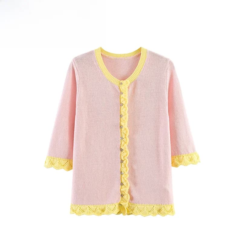 Spring New ZR Women's Knitted Hollow out Splicing Jacket Versatile Design Casual Style Polyester Fiber Hoodless Regular Length