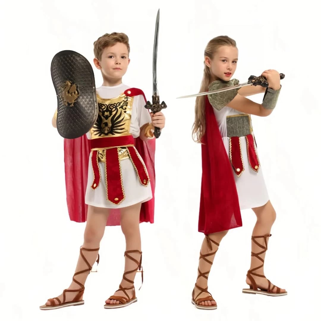 Bambini cosplay di Halloween, ragazzi e ragazze, costumi da guerriero romano, costumi cosplay di soldati dell'Impero Romano antico, costume da festa