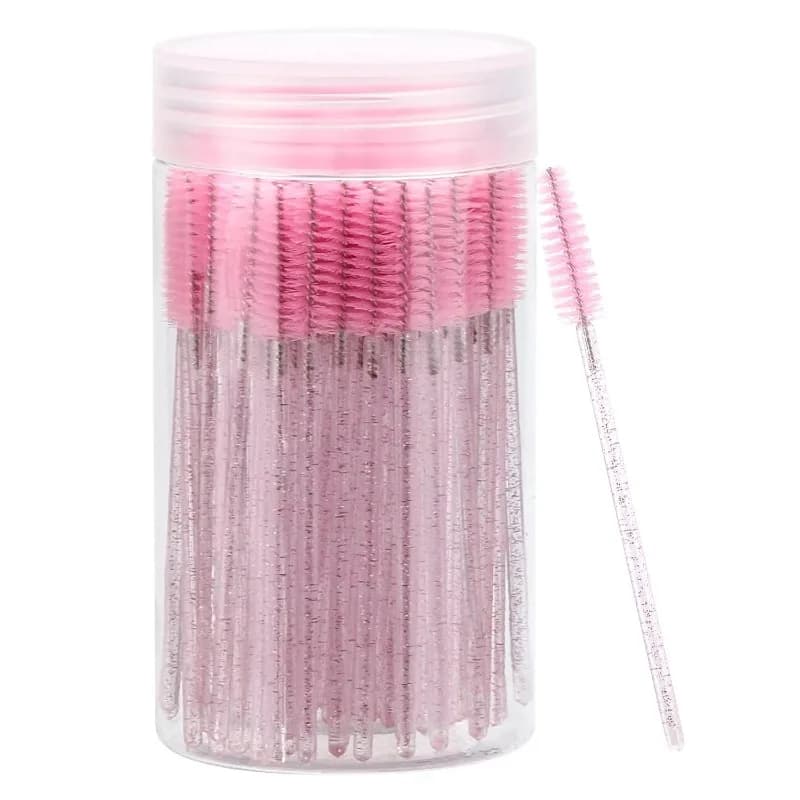 100 Pieces Disposable Brushes for Crystal Mascara and Eyebrow, Extension Brushes Pink Eyelash with Container