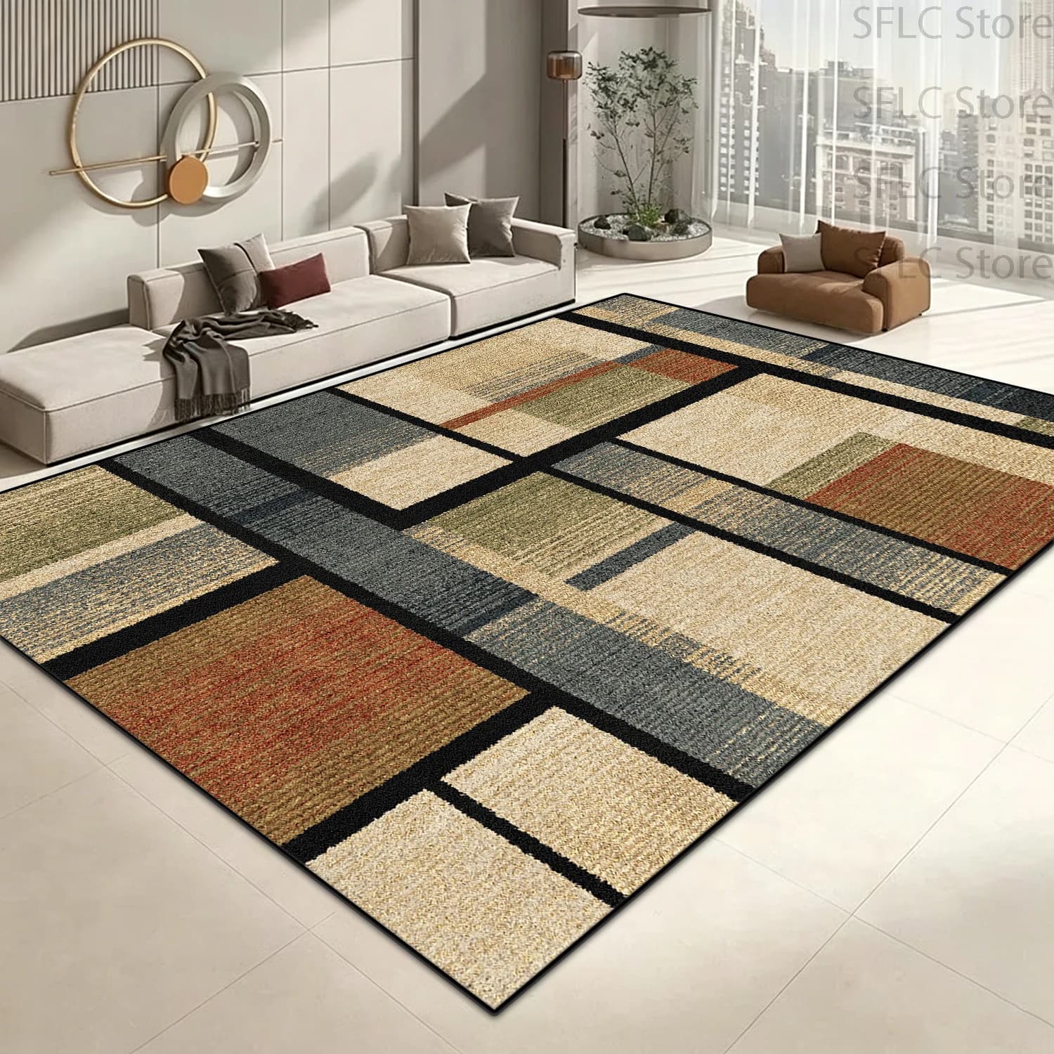 Modern Geometric Block Living Room Sofa Carpet Decoration Bedroom Antiskid Washable Bedside Mat Big Size Soft Fluffy Office Rug