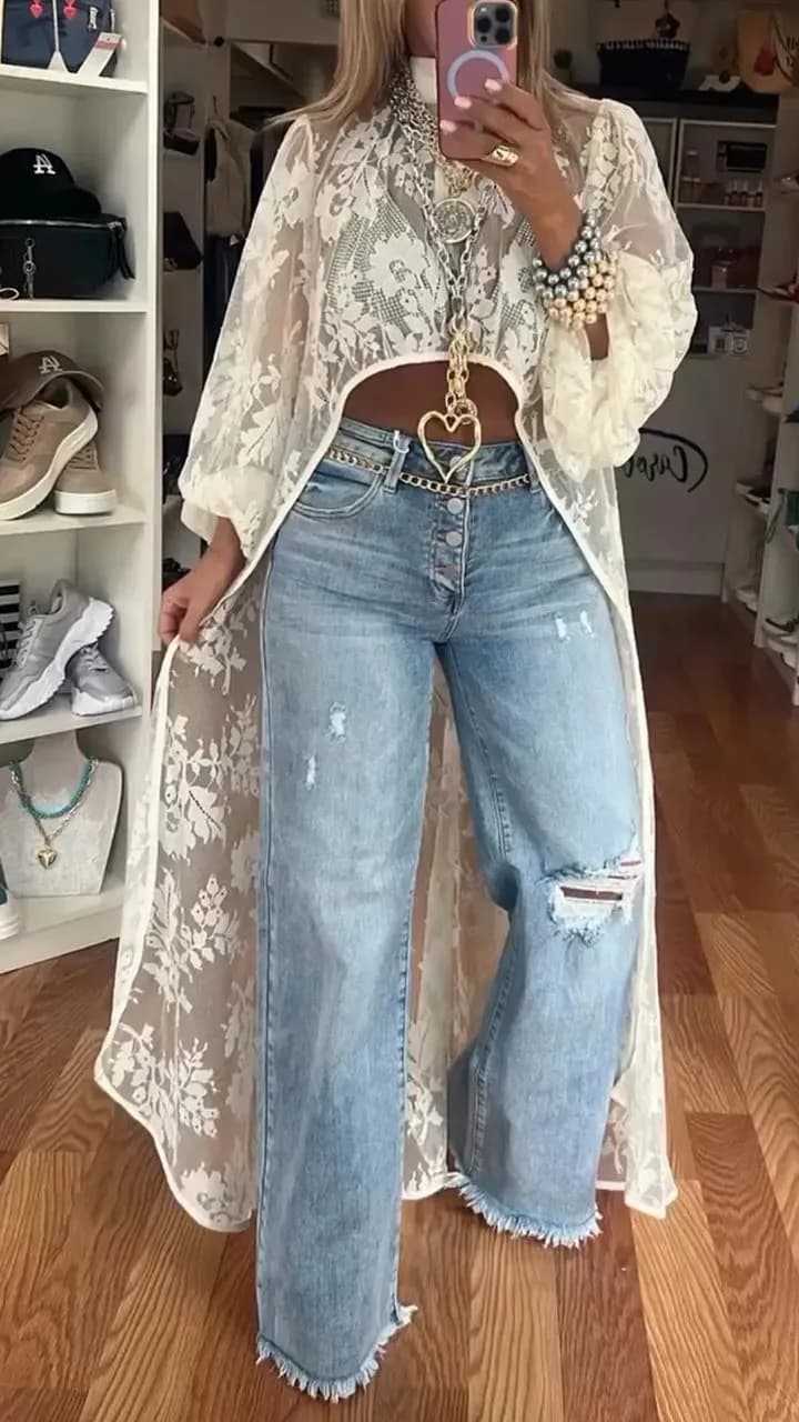 2025 Spring Summer Woman Lace prospective Long Top Fashion Solid color Half-sweet sleeves Wide and versatile Top