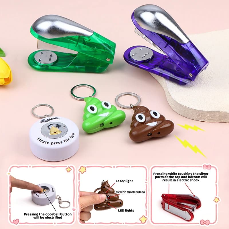 SUSU 1 pz. Giocattolo scherzoso a scossa elettrica, Graffettatrice, Campanello, Portachiavi a forma di cacca, Gadget divertente per feste, Scherzi creativi di primo di aprile
