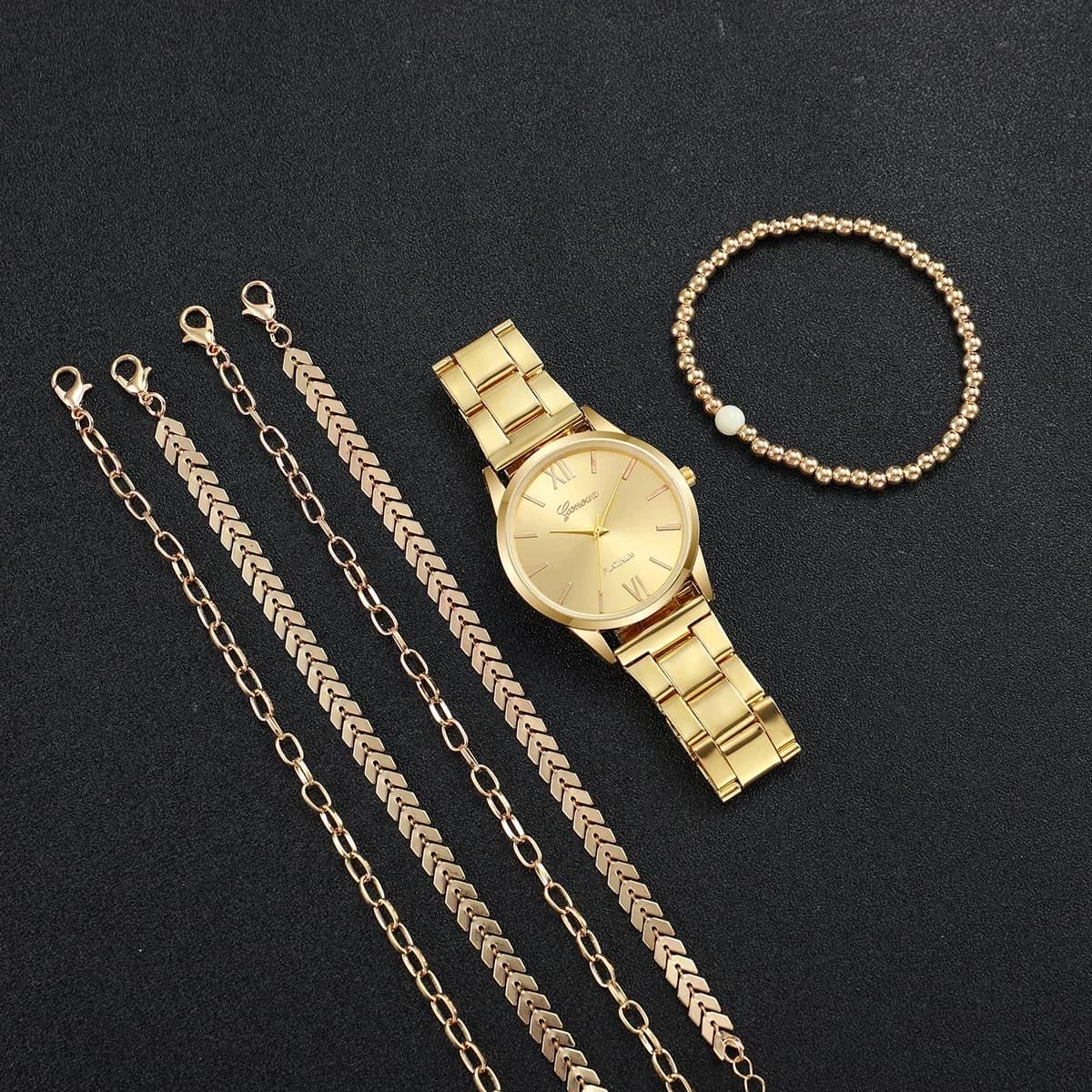 20263/6PCS Fashion Women Watches Simple Roma Dial Analog Quartz Wristwatch Bracelets Set Reloj Mujer（Without Box）