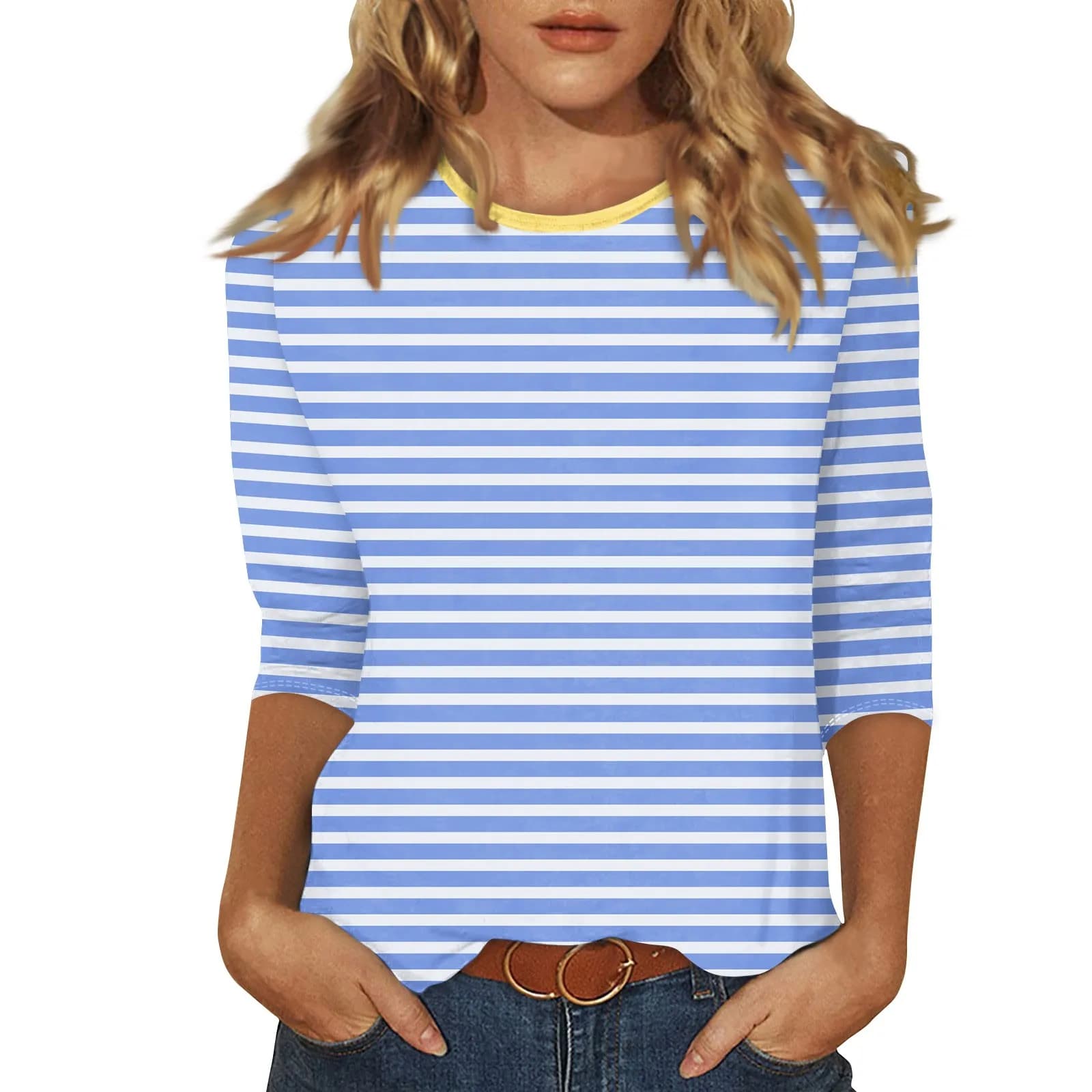 T-shirt Casual da donna con maniche a 3/4 nuove magliette con collo, camicette con motivo a righe gessate Pullover Casual adatto per appuntamenti quotidiani femminili