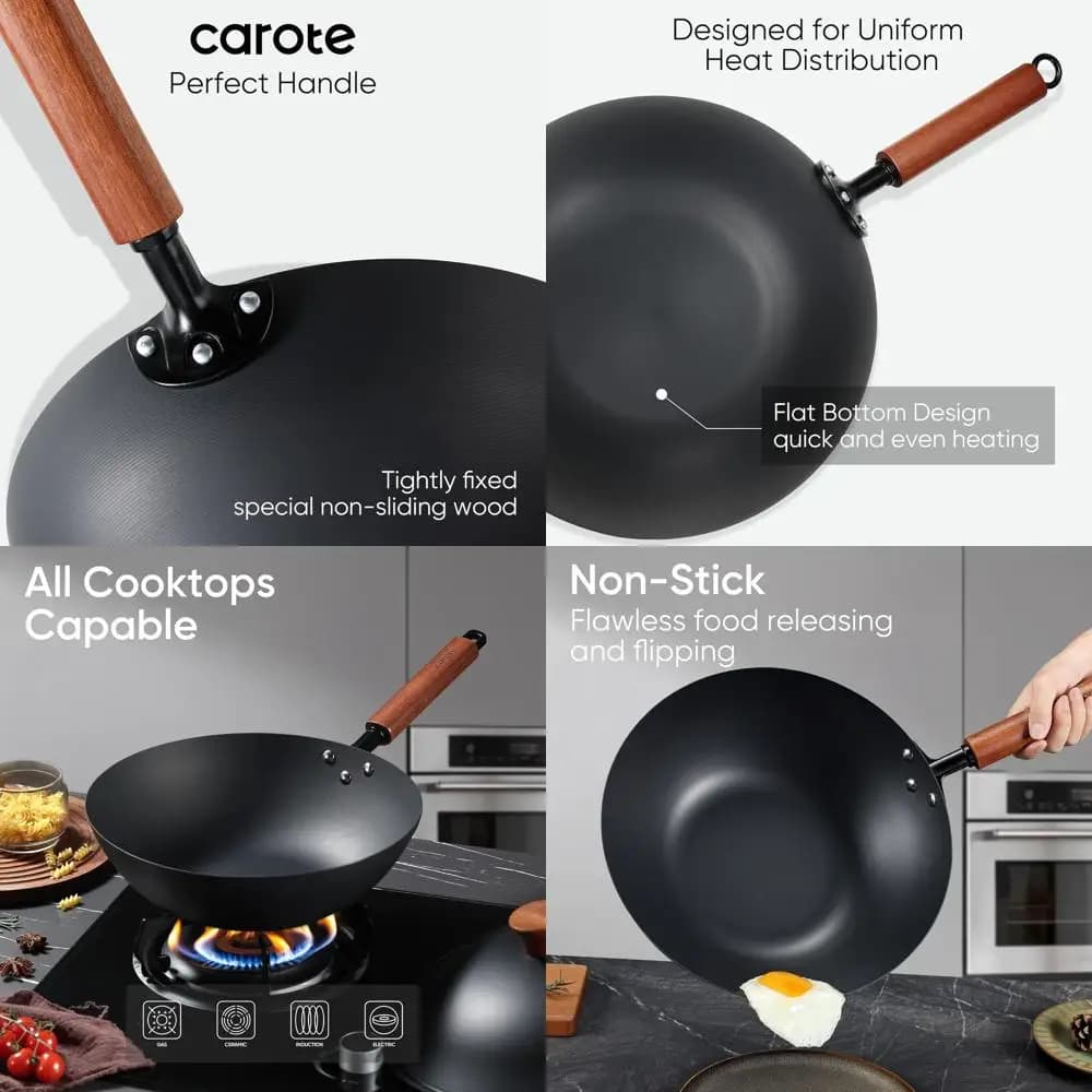 6,5 QT carbon steel pre-tempered Wok pan with lid, compatible with all hobs for frying, barbecue and camping