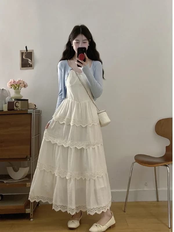 plus Size Women's Gown Blue Knitted Summer New Style Lace Trim Splicing Strap Dress High Waist Mid-Length Cake Skirt Style