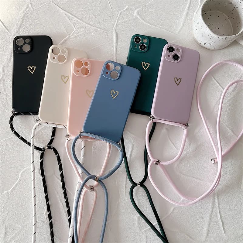 Custodia per telefono in silicone con cordino a tracolla per iPhone 15 14 11 12 13 Pro Max Mini 8 7 6 Plus 10 X Xr Xs Max SE 2020 Love Heart Cover