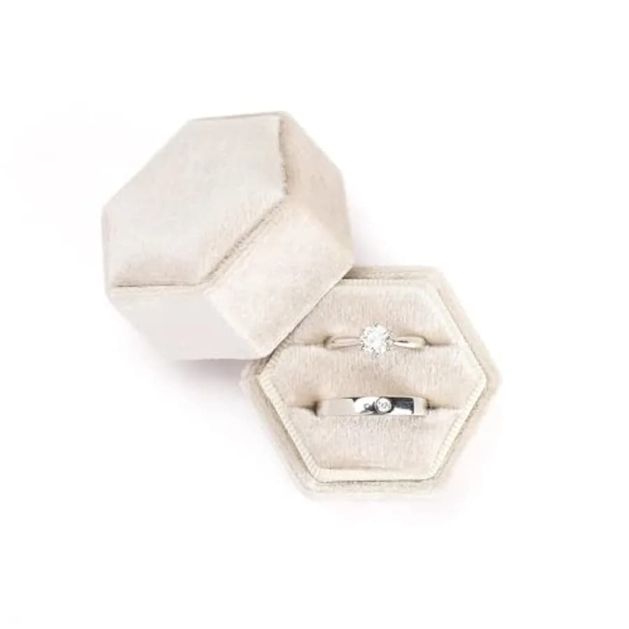 Velvet Jewelry Ring Box, Small Hexagon Premium Gorgeous Vintage Double Ring Gift Box with Detachable Lid for Proposal Engagemen