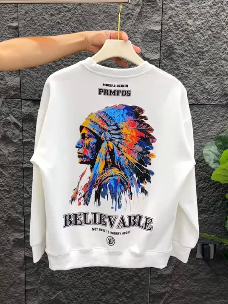 Autumn Winter Men's Hoodie Loose Fit round Neck Long Sleeve Printed T-Shirt Street Style Versatile American Outerwear Top