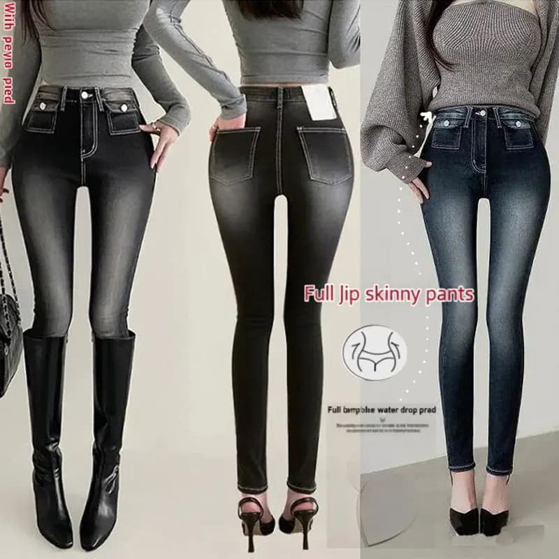 Denim Pants Style Korean Vintage High Waist, Slim Fit, Elasticized, With Visible Stitchings, Trendy, Simple and Casual