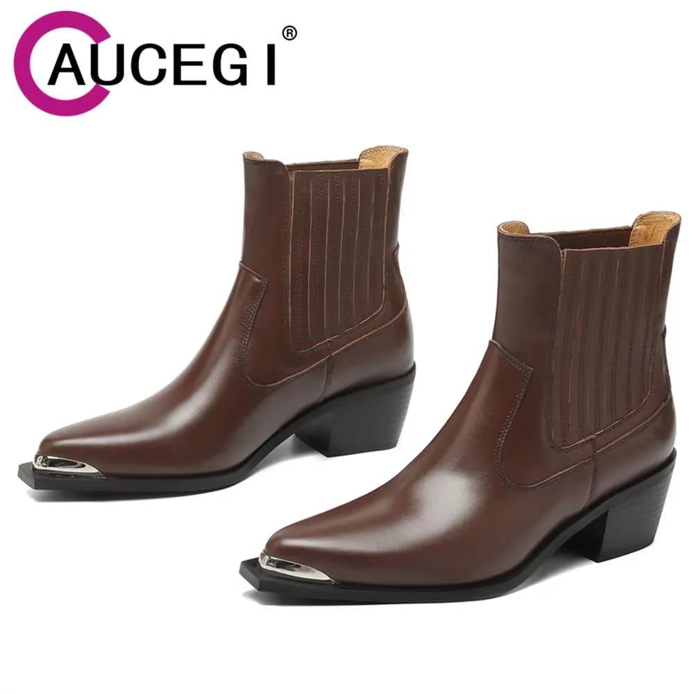 Aucegi Women Genuine Leather Chelsea Ankle Boots Metal Wrap Pointed Toe Chunky Heel Retro Handmade Party Shoes Big Size 34-43