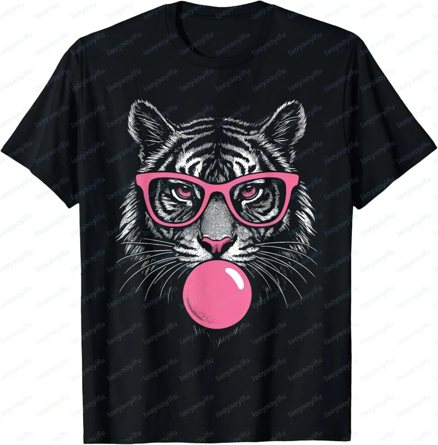 Pink sunglasses with tiger face, men's and women's shirt with wild jungle animals, funny shirt with print