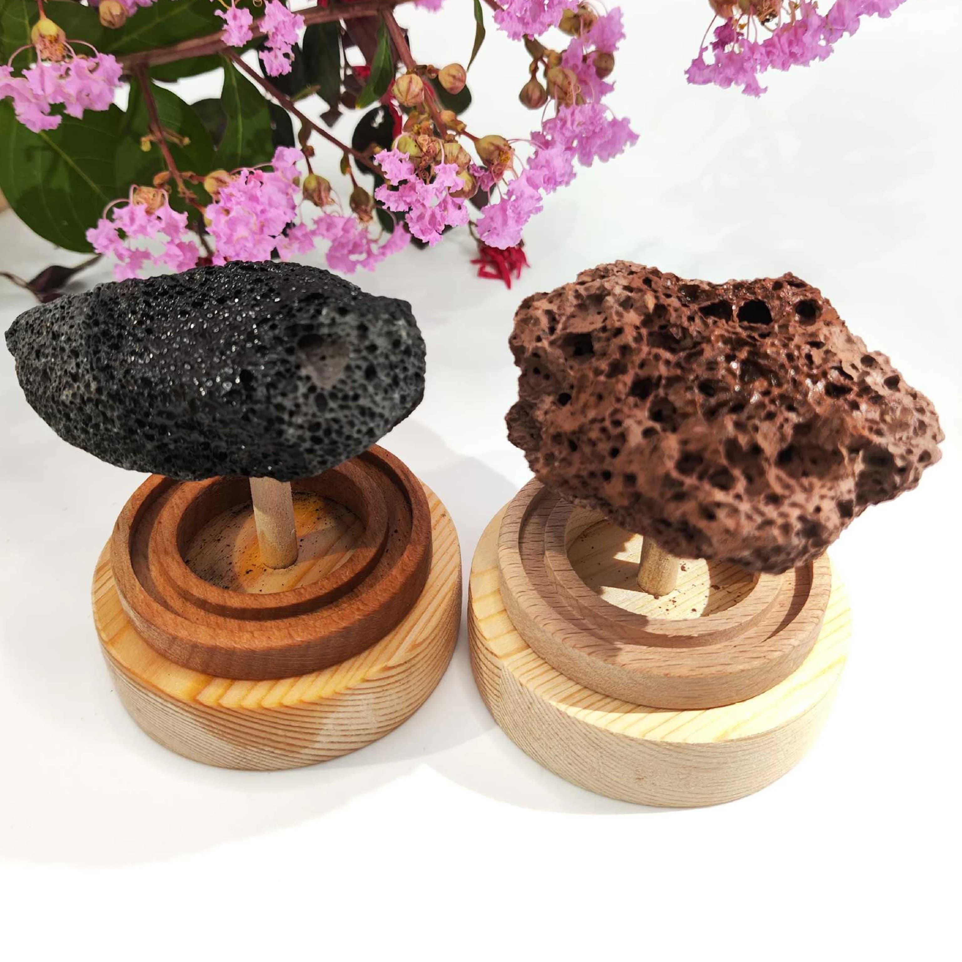 Diffusore in Pietra Vulcanica Nera/Marrone e Legno Massello - Deodorante Naturale per Ambienti con Oli Essenziali, Decorazione per la Casa