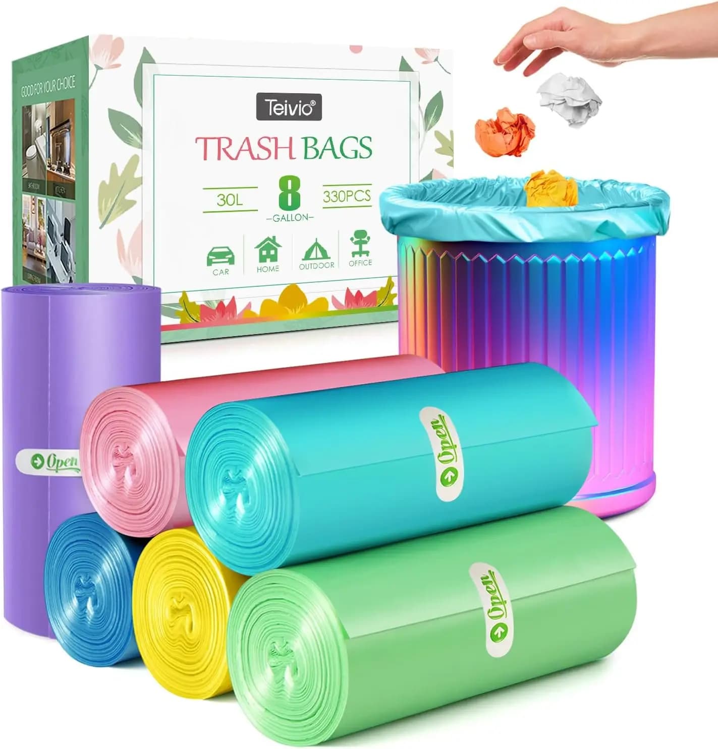 Sacchi per la Spazzatura Trasparenti e Colorati da 8 Galloni, 330 Pezzi, Adatti per Bidoni da 25-30L per Casa, Ufficio, Cucina, Bagno