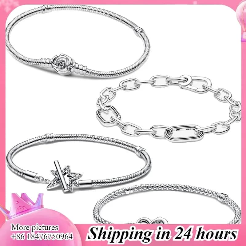 Classico braccialetto in argento sterling 925 – Rose, cuori, stelle e fermagli, gioielli fai da te di base alla moda