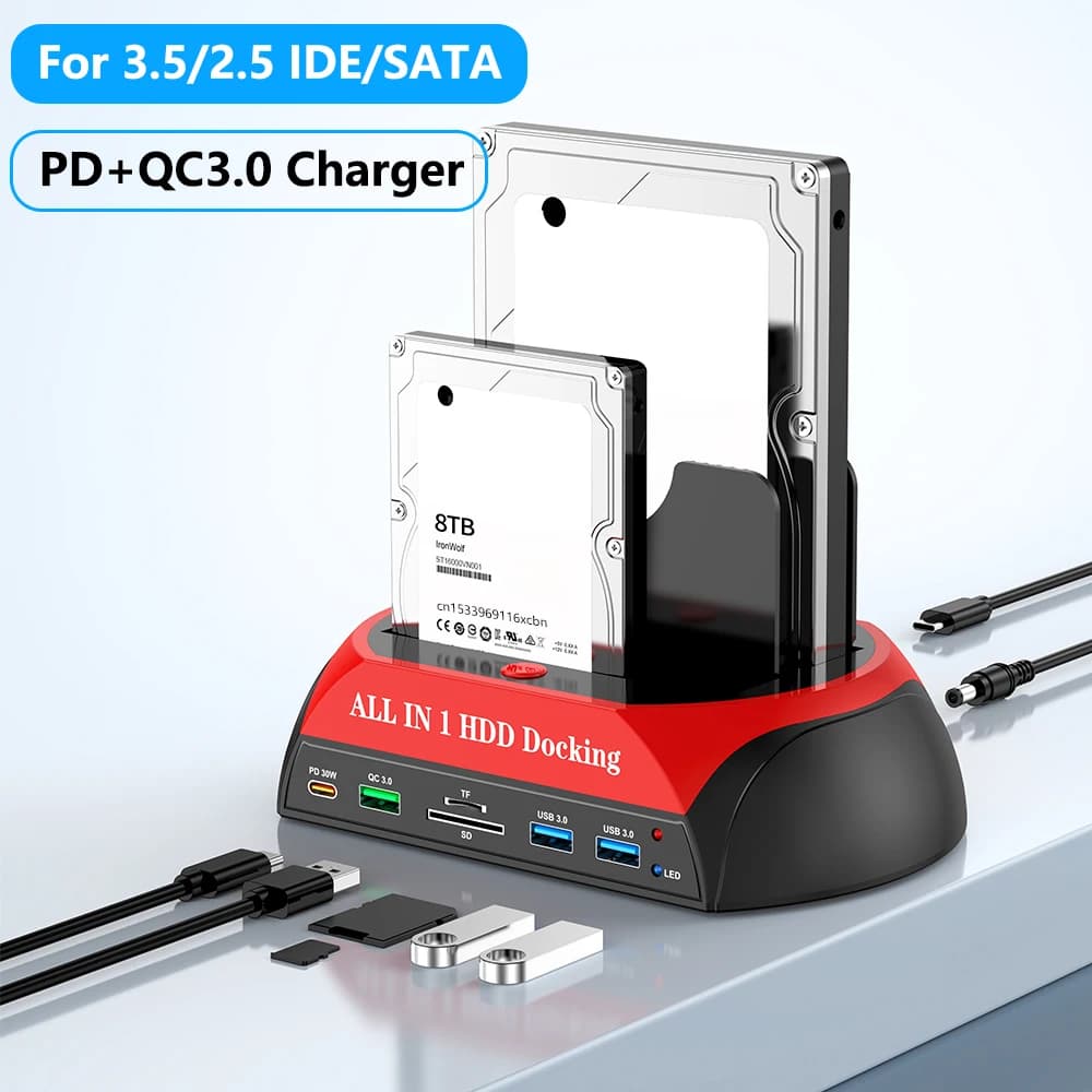 Eswirepro Docking Station per HDD a Doppio Slot con Ricarica PD QC, USB 3.0 per Dischi Rigidi IDE SATA da 2.5/3.5'' e SSD