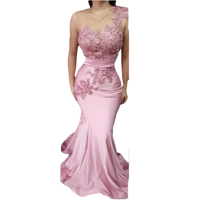 Abito da ballo a sirena illusione Abito da sera monospalla trasparente con applicazioni in pizzo Sweep Train Abito da compleanno rosa personalizzato