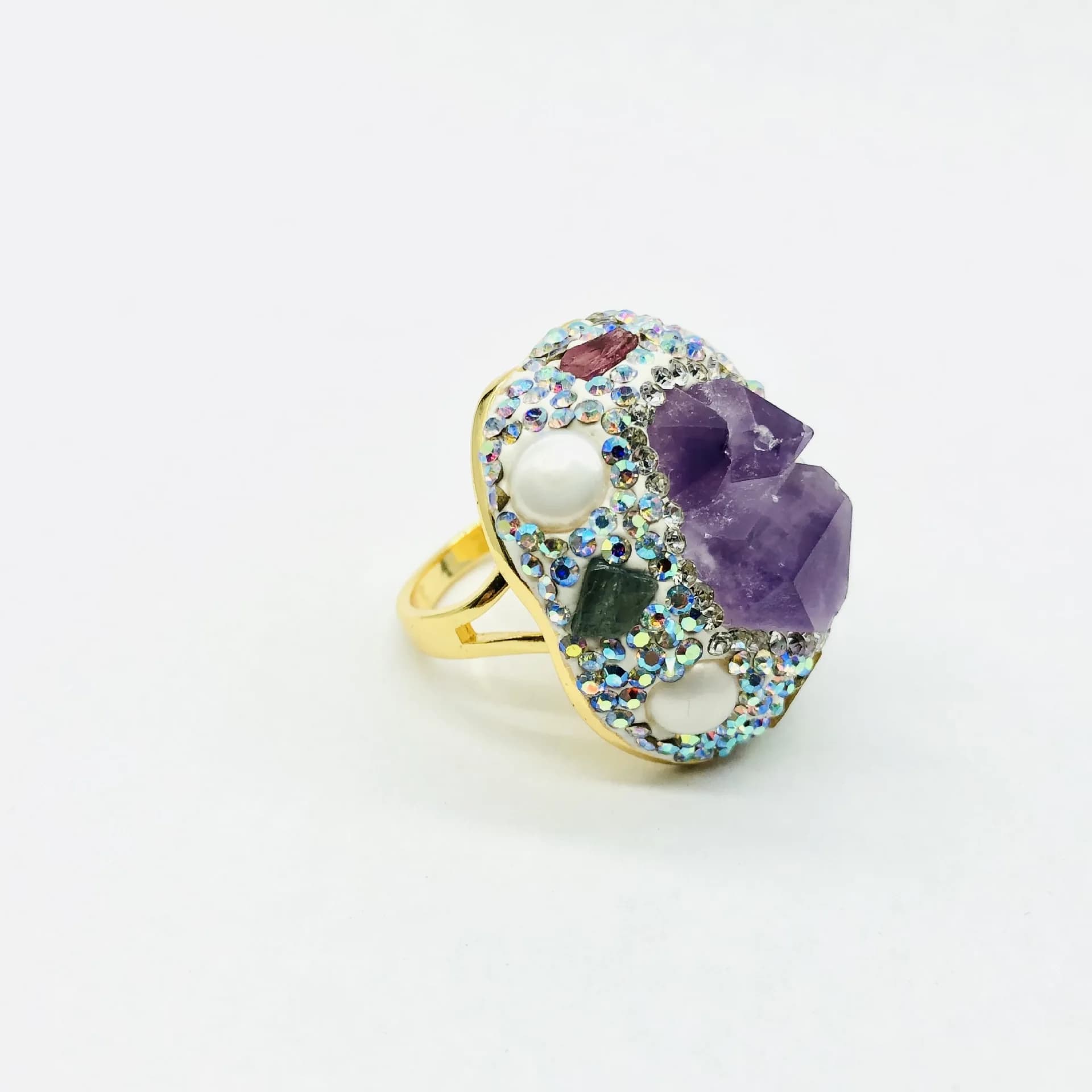 Anello con ametista, perla intarsiata fatta a mano, tormalina, diamante ceco, anello aperto, anello grande di lusso leggero alla moda da donna