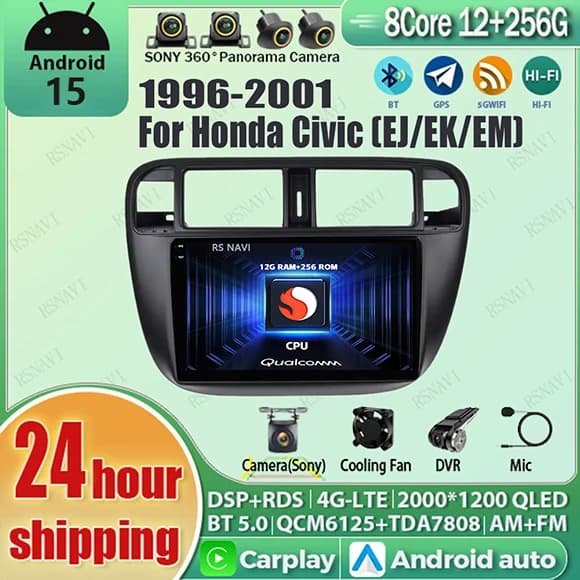 Android 15 Carplay Auto Qualcomm 2K Schermo Lettore Autoradio Per Honda Civic 1996-2001 GPS Wifi 4G navigazione Stereo BT Video DSP
