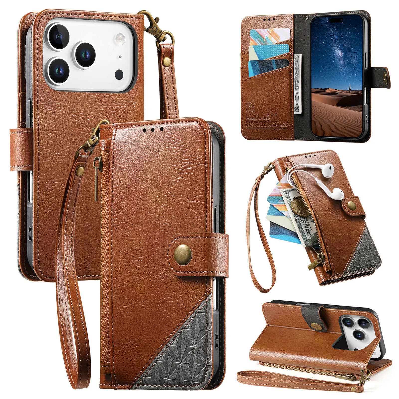 Fashion Zipper Cards Wallet Leather Phone Case for iPhone 17 Pro Max 16 15 14 13 12 11 Shockproof Strap Portable Slim fit Cover