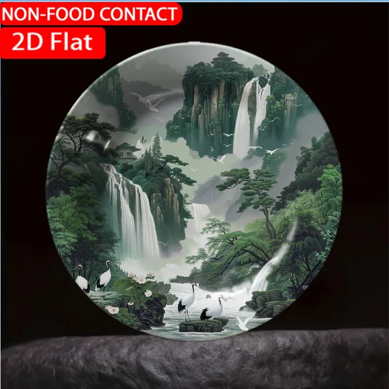 Piatto in Ceramica Verde con Motivo Cascata Orientale - Elegante Piatto a Tema Asiatico Non in Contatto con Alimenti, Adatto per Decorazione Casa, Scrivania, Tavolo