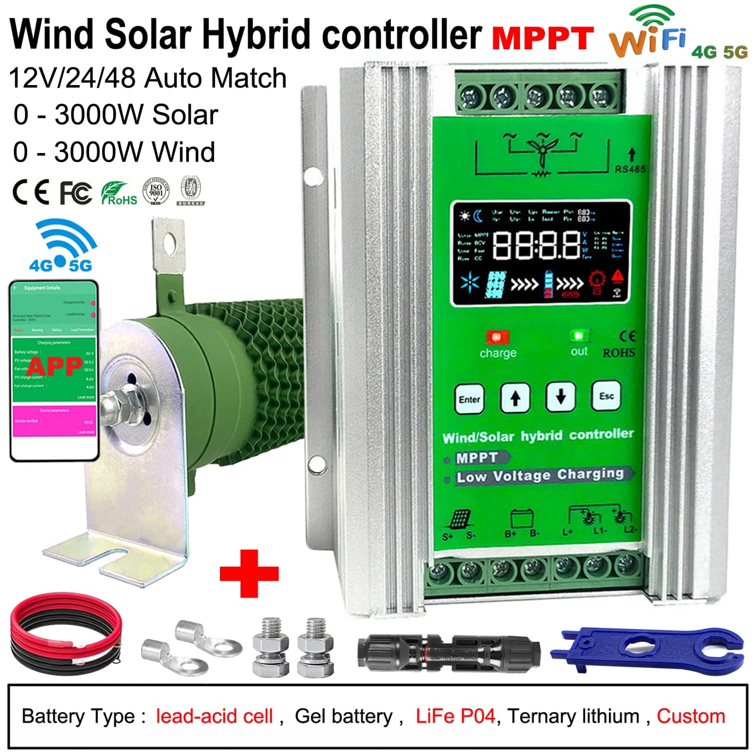 Wind Solar Hybrid System MPPT Charge Controller With Dump Load 0-3000w Wind Turbine 0-2000w Solar Panel 12V 24V 48V Regulator