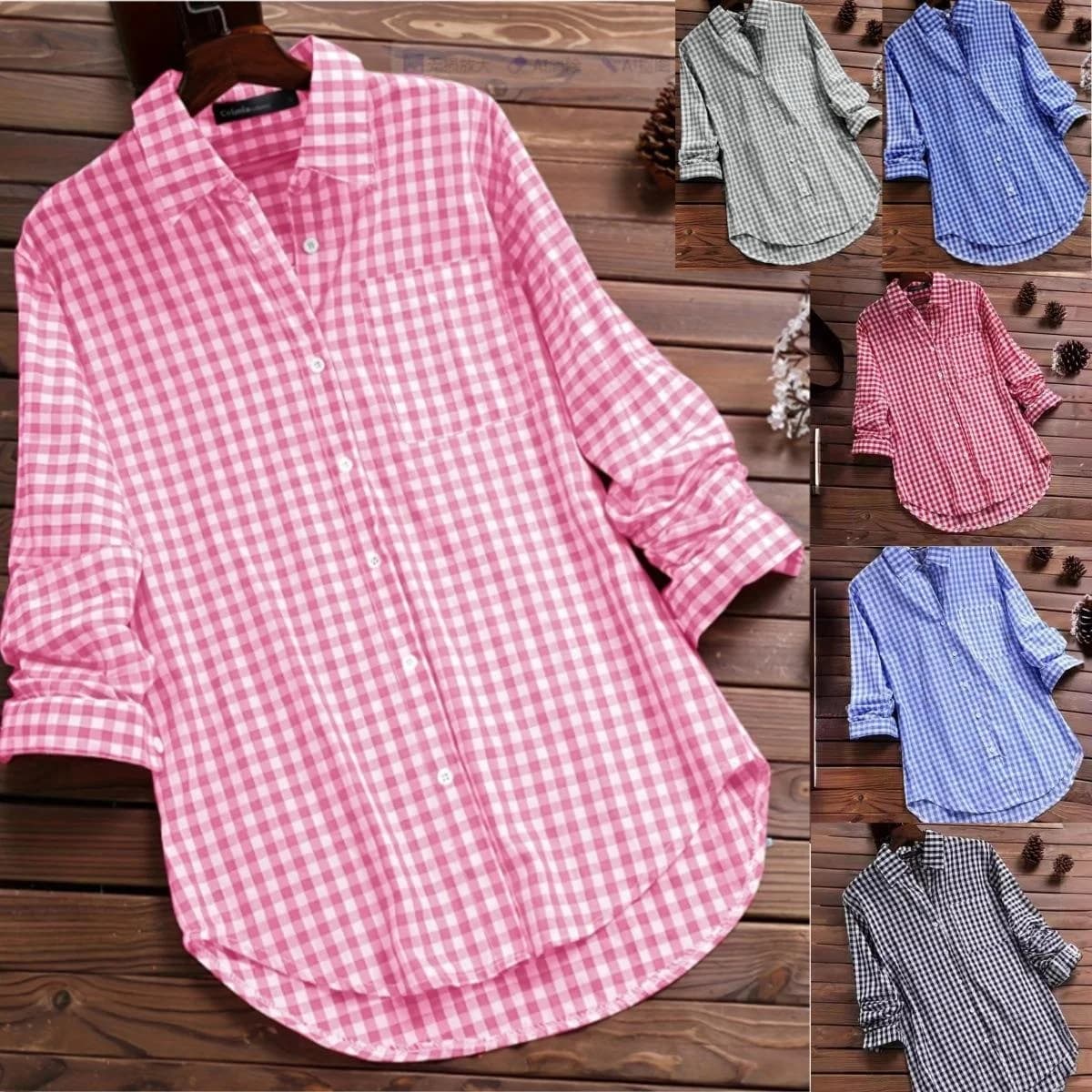 Women's Pink Plaid Long Sleeve Shirt Blouse Commute Style Micro Stretch Easy to Iron Winter Collection Fashionable Office Wear