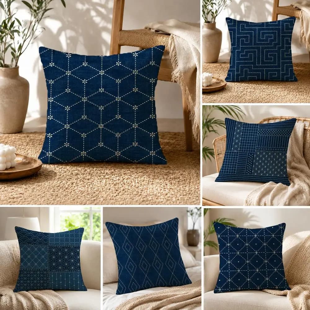 Pattern Sashiko Indigo Textures Cushion Cover Natural Linen Pillowcase Set All-in-One Decor Cushion Cover for Sofa Bedroom Chair