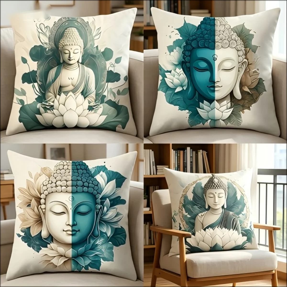 Zen Buddha Lotus Decorative Pillow Cover, Oriental Religious Meditation Square Cushion Cover for Living Room Bedroom Sofa Indoor