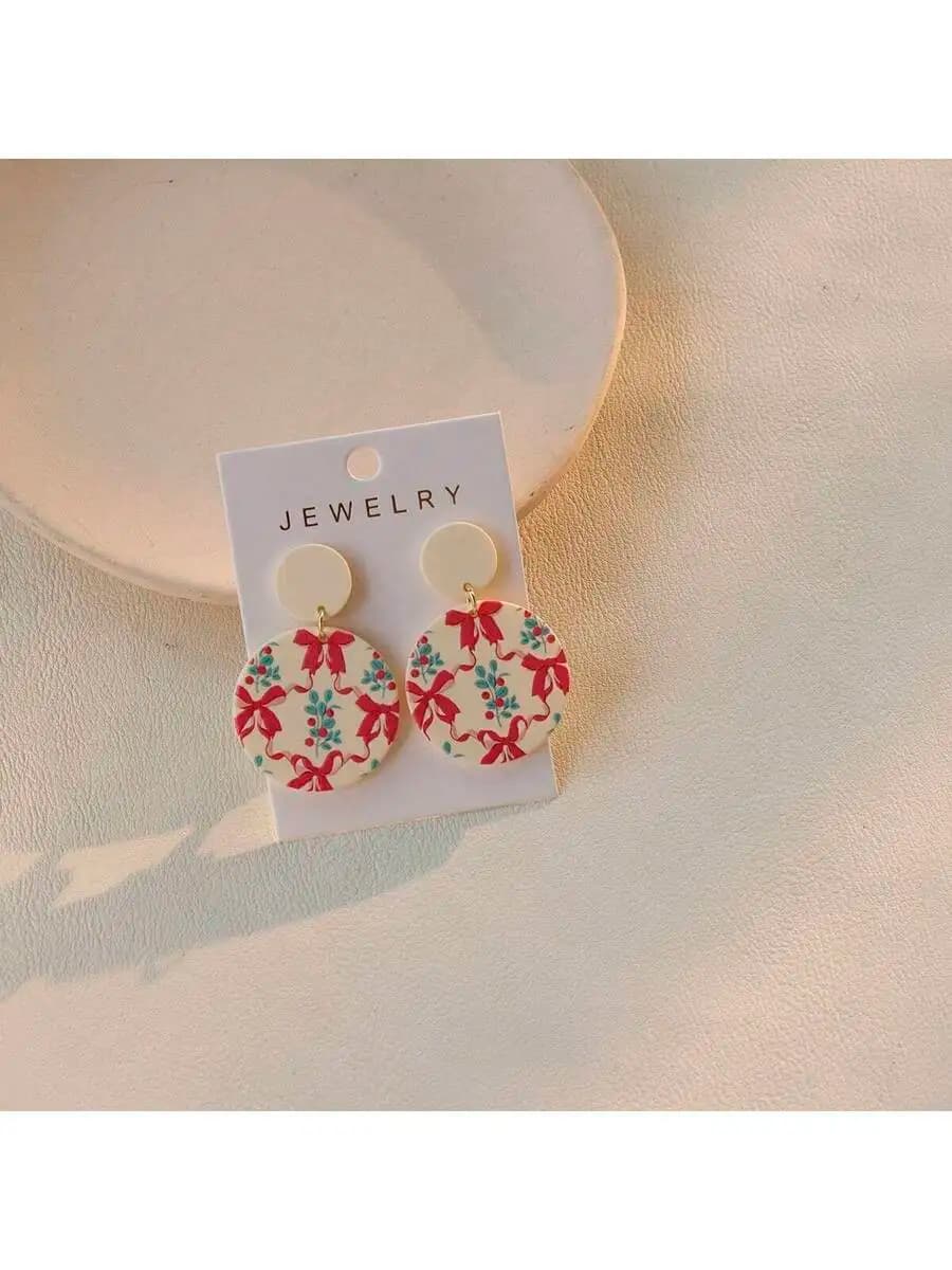 Round Acrylic Drop Earrings With Red Bow Floral Pattern For Women Holiday Party