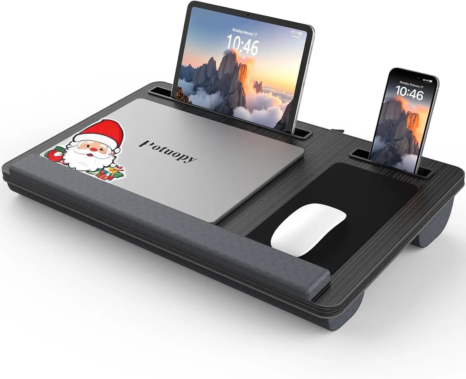 Vassoio portatile per laptop con poggiapolsi, tappetino per mouse e slot per tablet per uso a letto - Nero