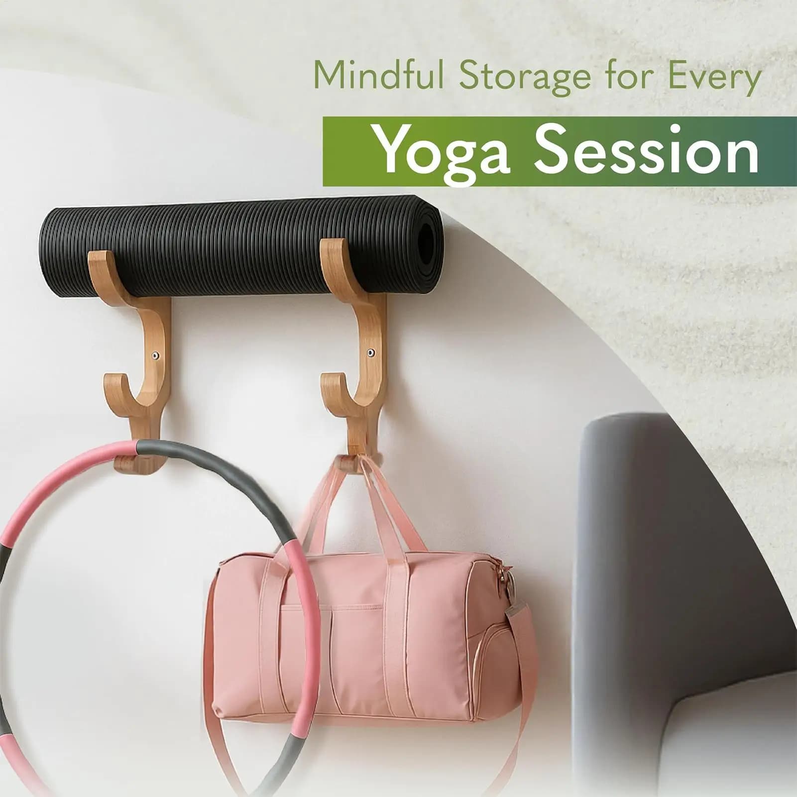 Yoga Mat Holder Wooden Foam Roller Wall Mount Rack Gym Workout Equipment Organizer Fitness Resistance Band Storage Hooks