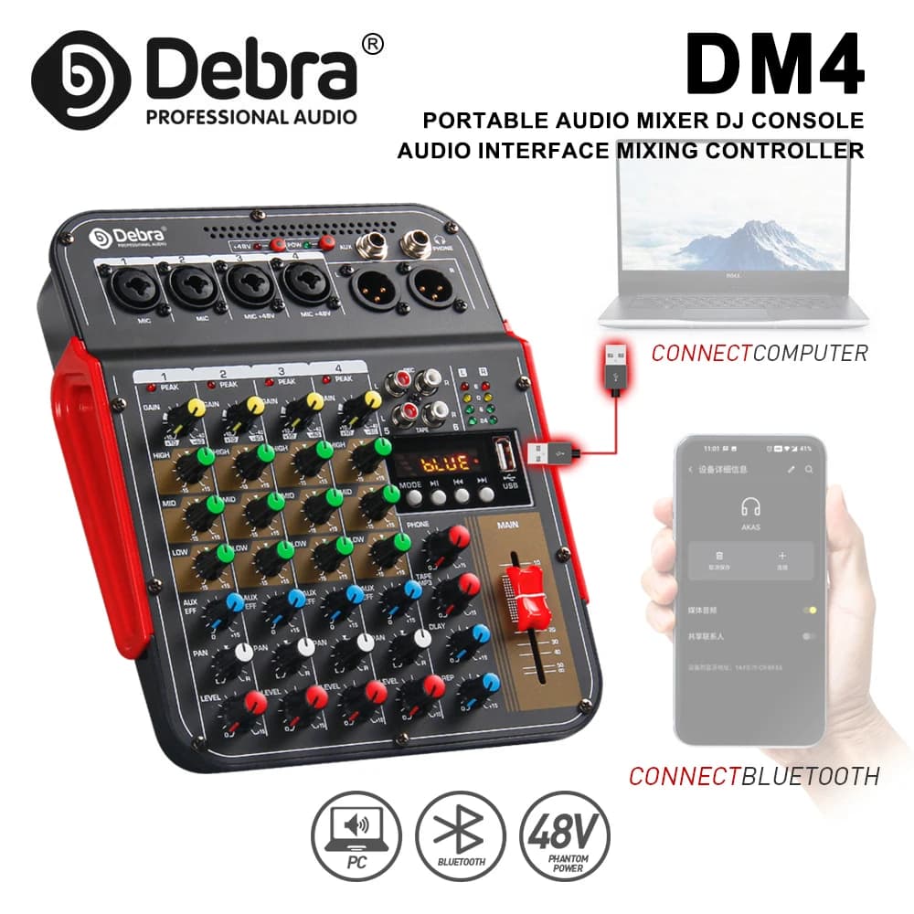 Mixer audio Debra a 6 canali con alimentazione phantom 48V, Bluetooth, registrazione USB su PC, riproduzione per karaoke dal vivo, feste all'aperto
