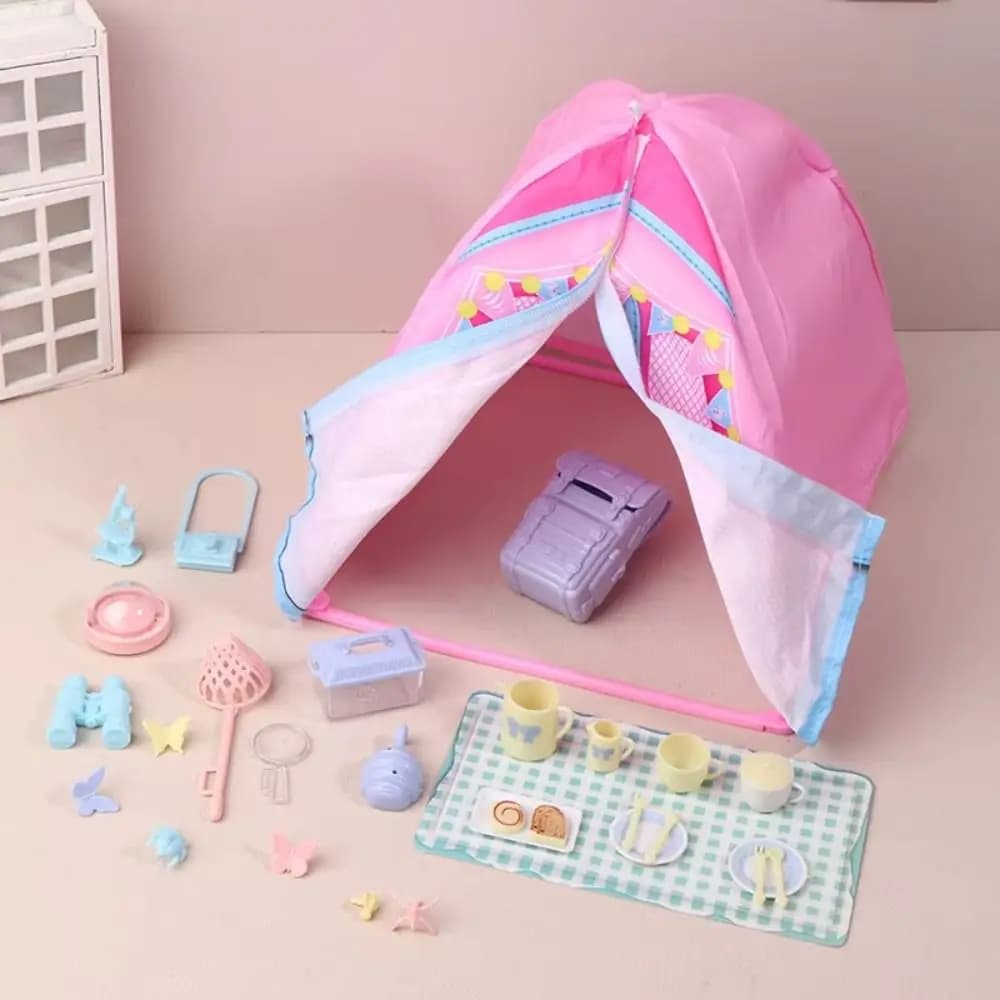 Simulated Dollhouse Tent Outdoor Picnic Micro Scene Doll Camping Kit Picnic Utensils Pretend Play Doll Mini Tent Photo Props