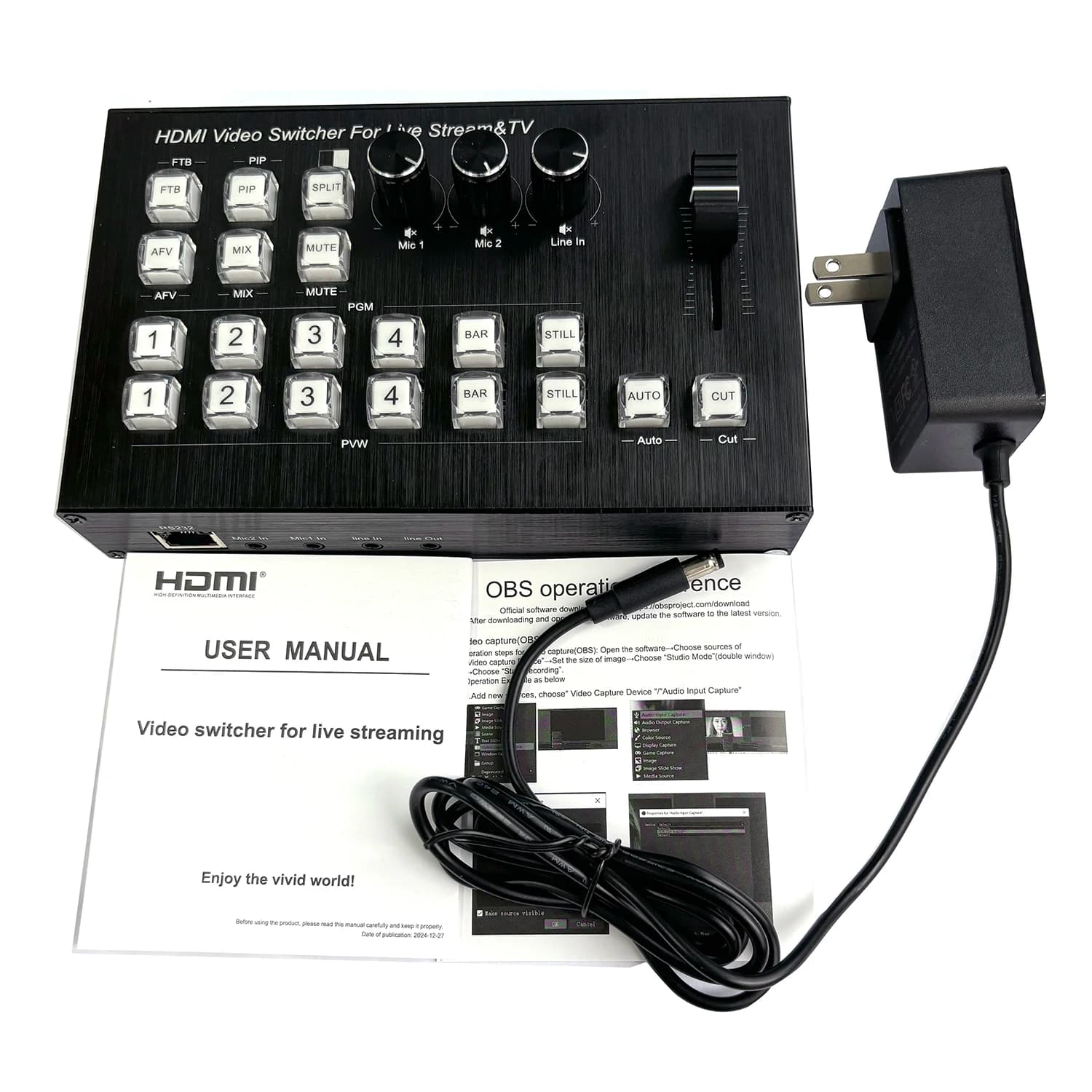 1080P 4 Channel HDMI Video Mixer Switcher 4 Way Multi-View Video Capture Record for Camera Live Streaming Broadcast Audio Mixing