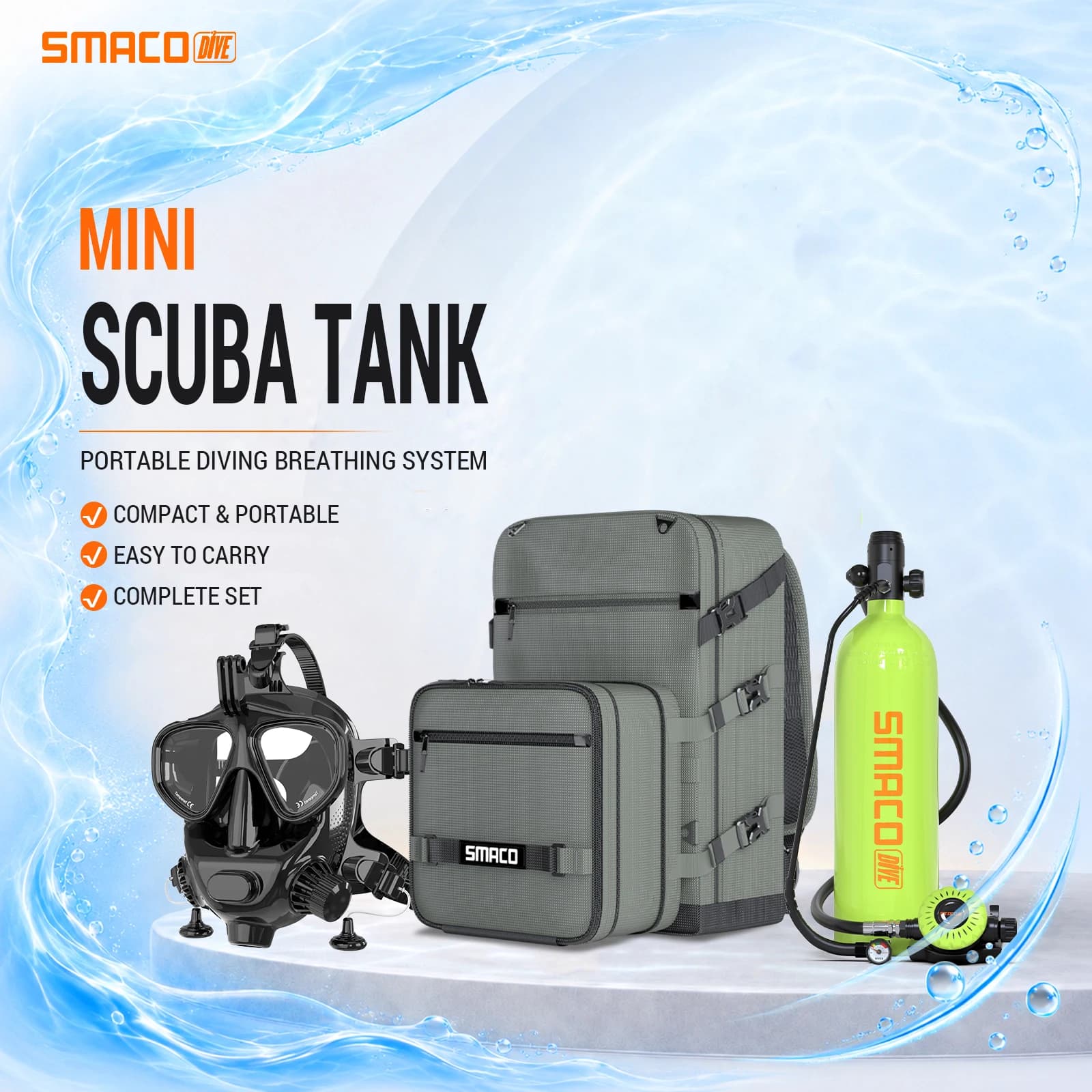 SMACO Portable Mini Scuba Diving Tank Set 1.9L Refillable Underwater Breathing Cylinder Snorkeling Diving Emergency Equipment