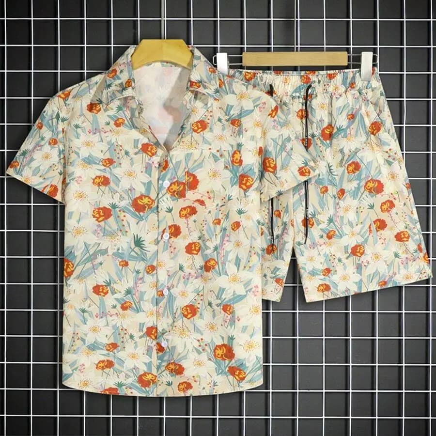 Mens Short Sleeve Floral Shirt And Shorts Set Casual Beachwear Loose Fit