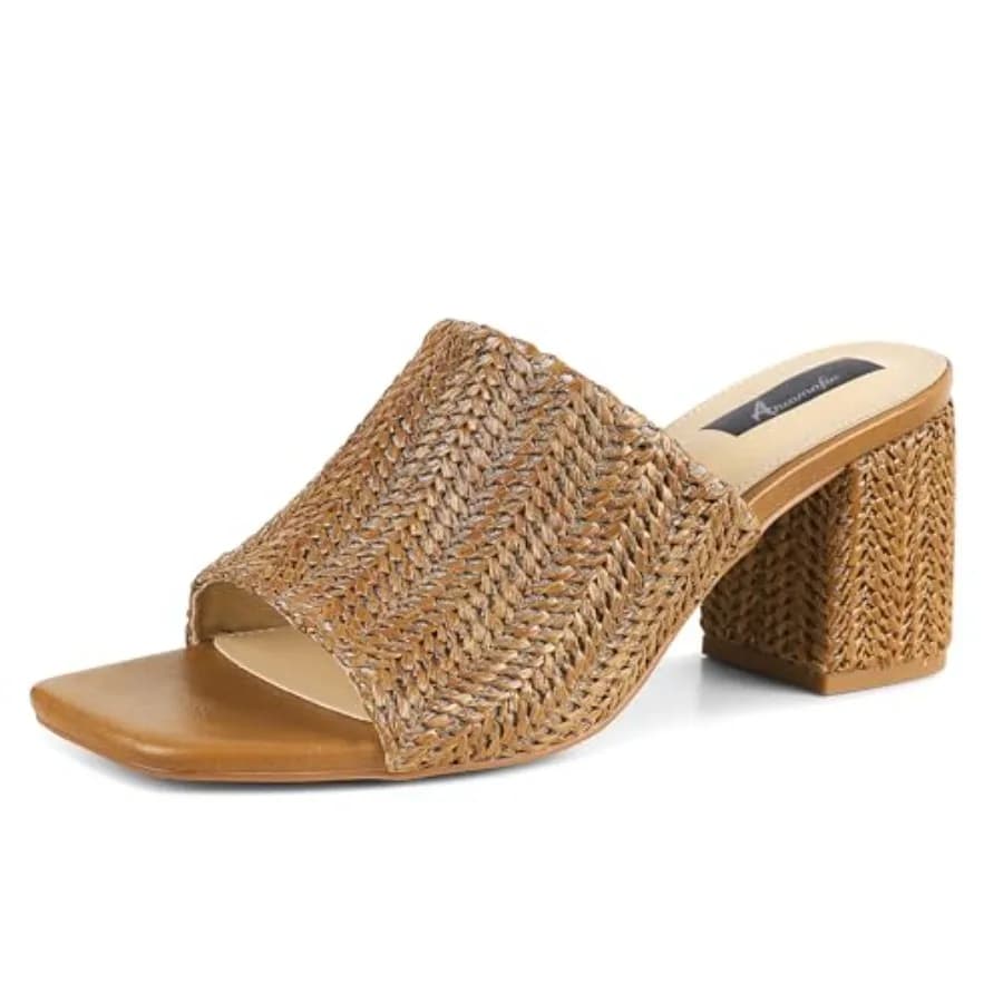 Sandali con Tacco Ancomafio da Donna, Sandali in Rafia 2026, Tacchi Larghi, Punta Quadrata, Mules con Tacco a Blocco, Scarpe Estive Slip-On