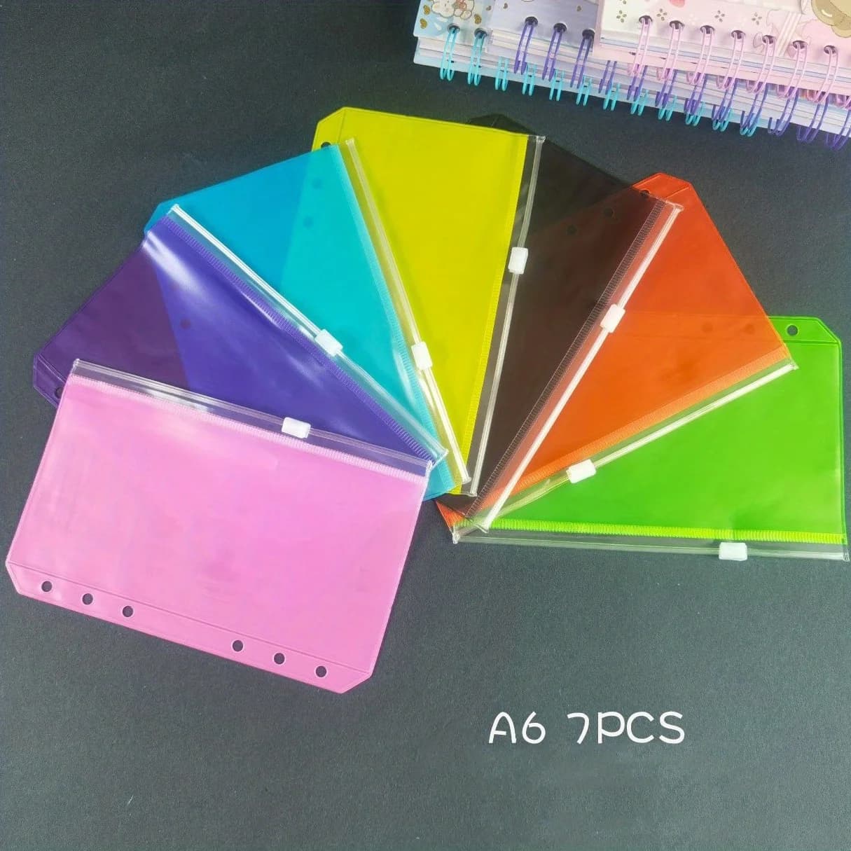 Set di 7 Tasche A6 con Cerniera in PVC Impermeabile, Compatibili con Raccoglitori a 6 Anelli, per Organizer, Quaderni e Conservazione Ricevute
