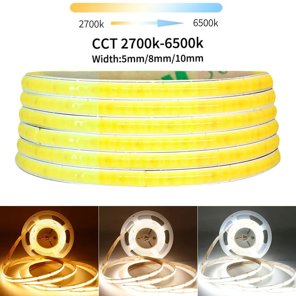 Strisce LED COB CCT DC12V/24V 608 LED/m, Temperatura Colore 3000K-6000K, Nastro LED Flessibile, Larghezza PCB 5/8/10mm, Luminosità RA90