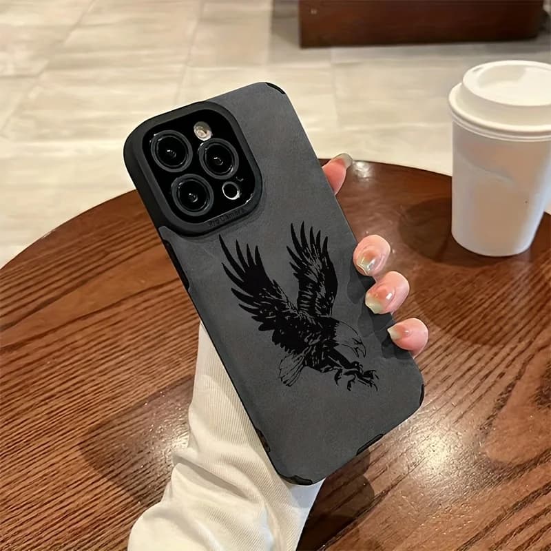 Black Eagle Pattern Leather Silicone Phone Case for iPhone 17 16 15 14 13 12 11 Pro Max 16 Plus Air X XR XS Max Shockproof Cover