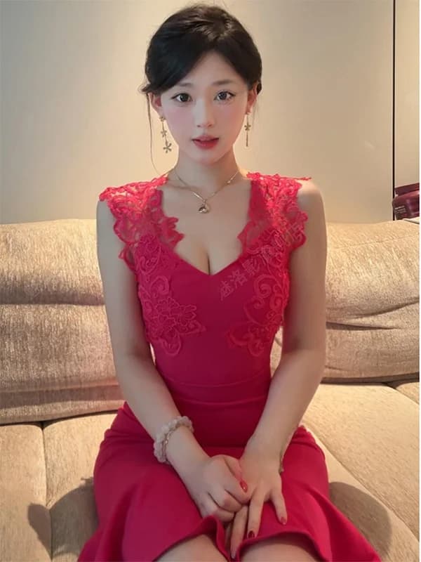 Abito midi sexy da donna in pizzo rosso con scollo a V e spalline, stile francese, aderente in vita, perfetto per le vacanze estive