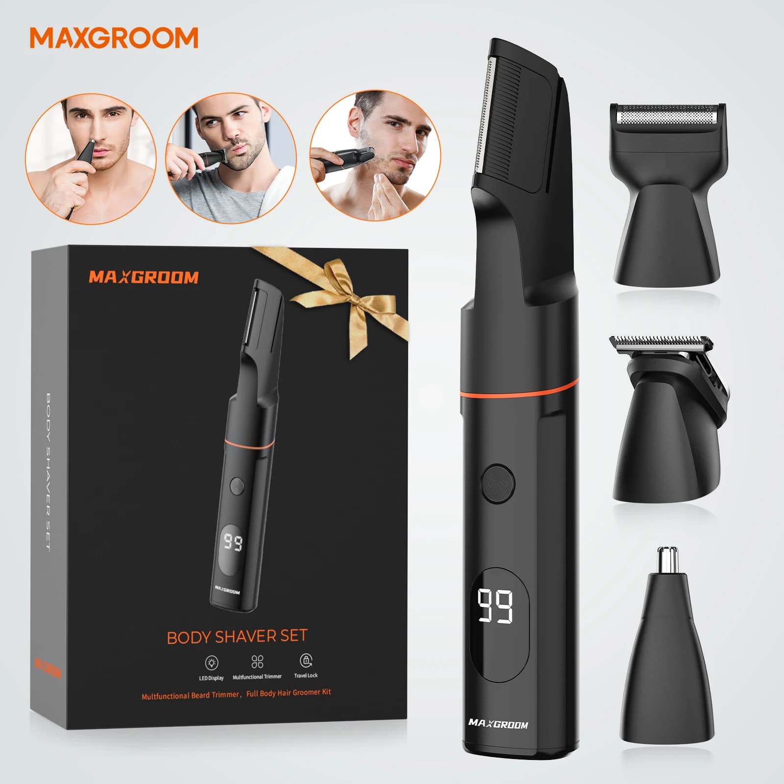 MAXGROOM 4 in 1 body hair shaver kit for man nose/electric bar IPX6 water resistant for men