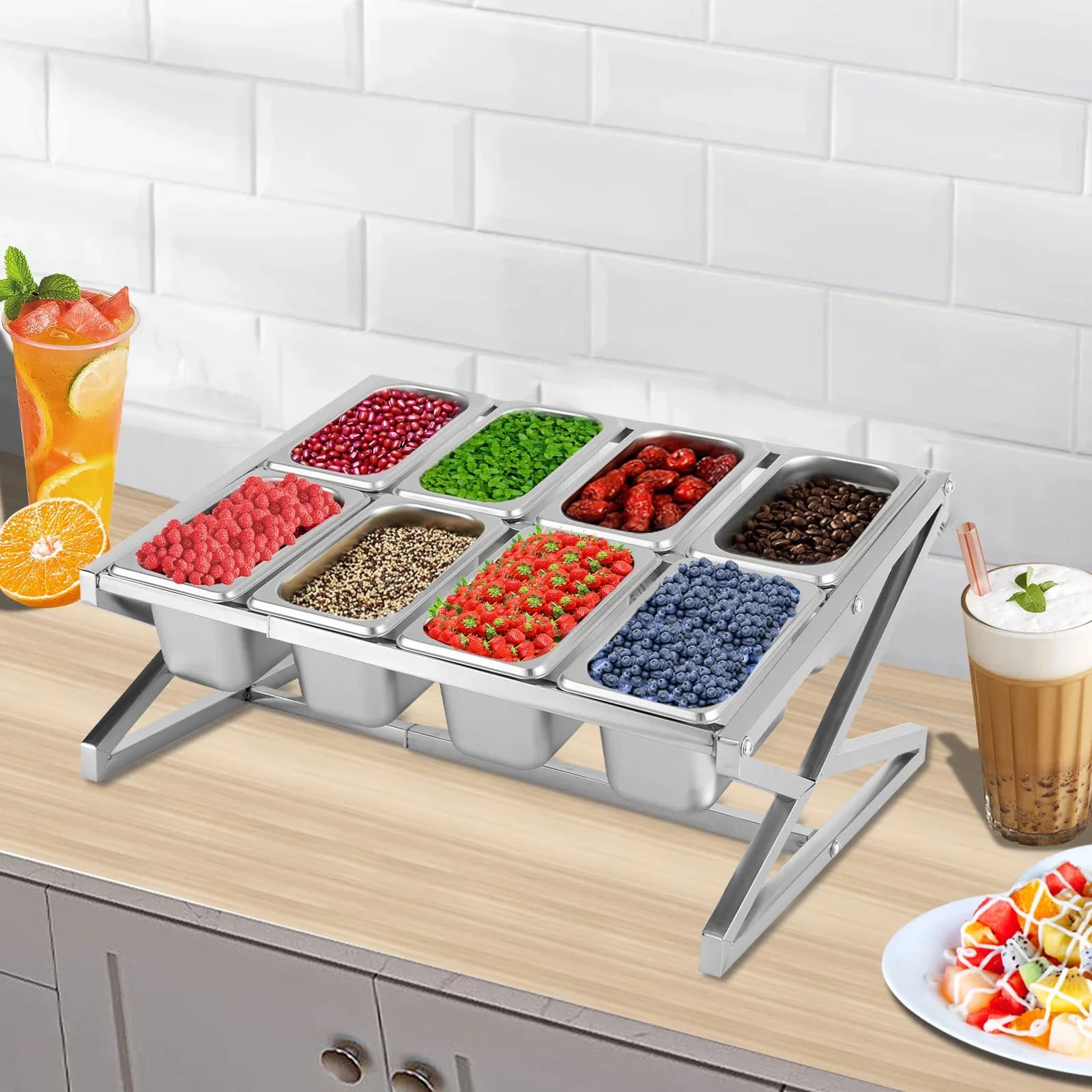 Scaffale per spezie da cucina a 8 vaschette, scaffale per spezie con design a struttura triangolare, scaffale per organizer inclinato, set di portaspezie tipo padella 1/9