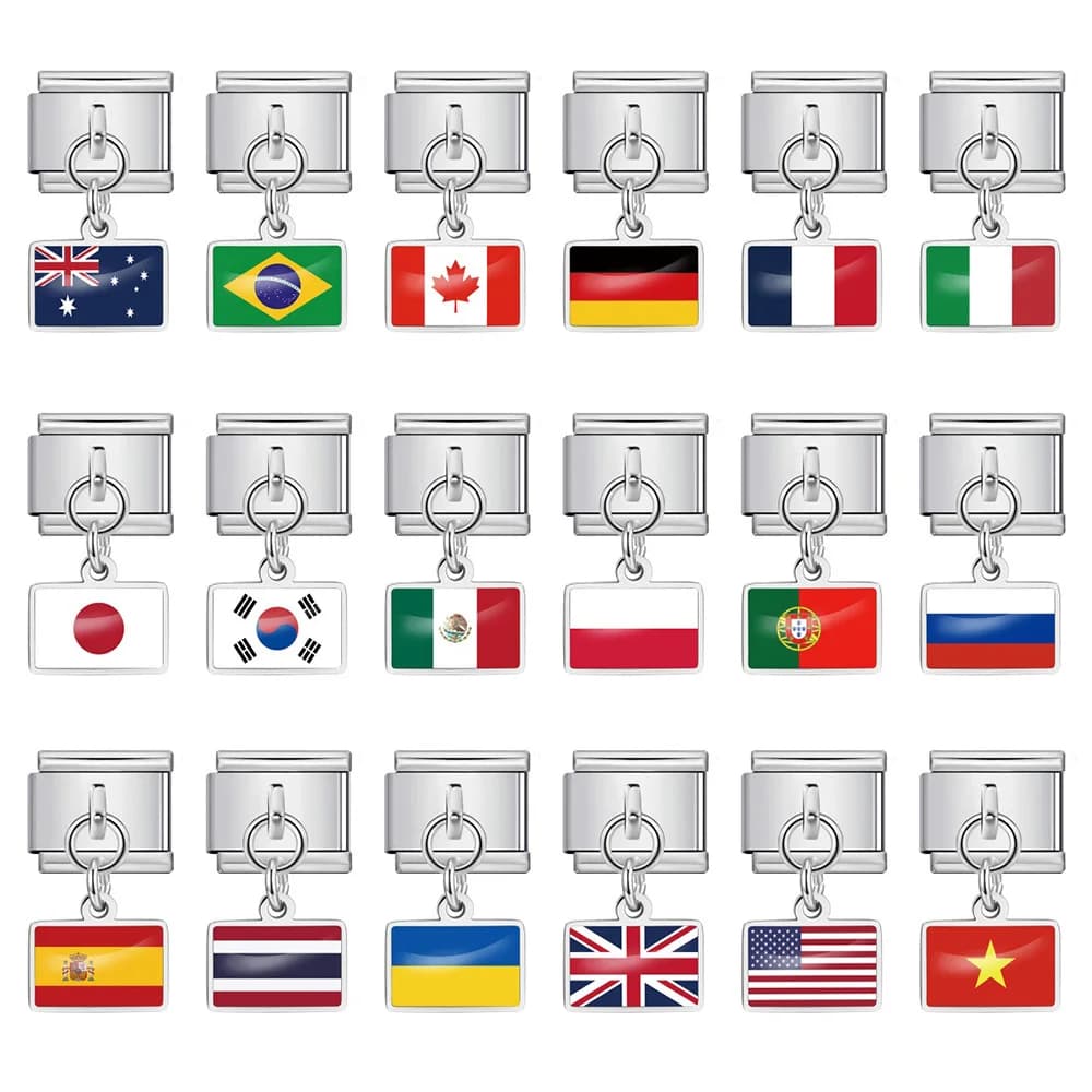 Charm a forma di bandiera nazionale italiana Fashion World, compatibile con bracciali da 9 mm, in acciaio inossidabile, per creazione di gioielli fai da te, regalo.