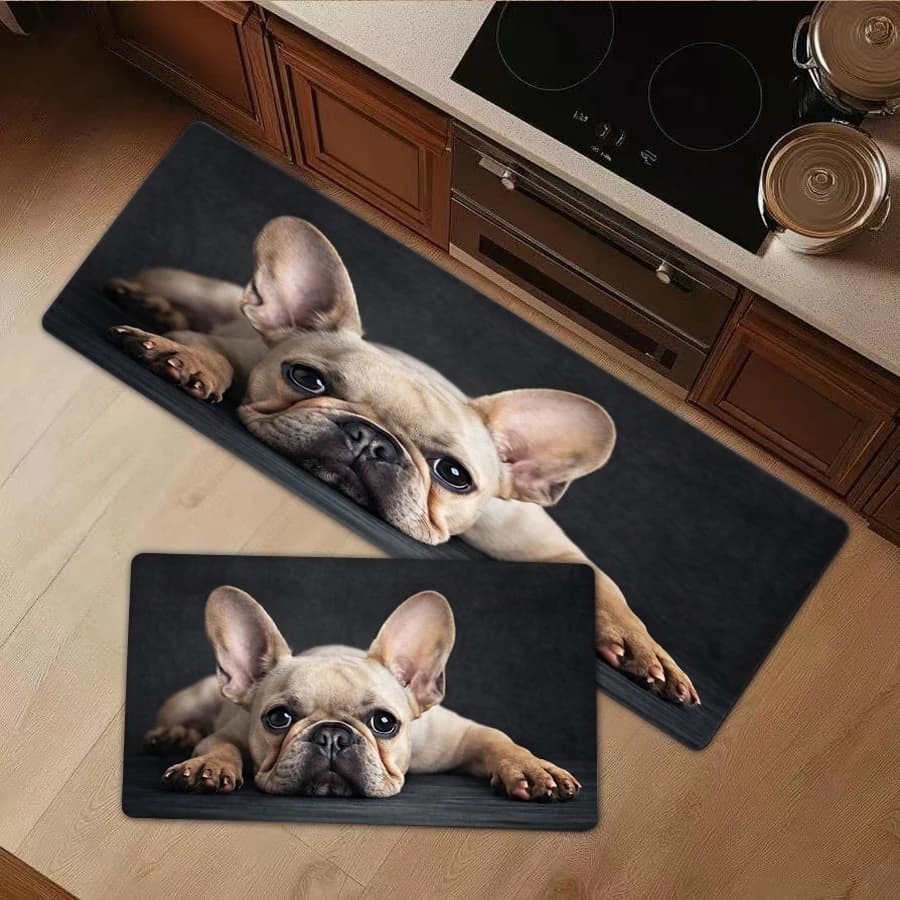 1/2/3Pcs Flannel Kitchen Mat—Soft Flannel Area Rug Cute French Bulldog Printed Floor Mat Carpet Modern Home Decor Living Room Bedroom Kitchen Bathroom Mat Floor Rug—Soft,Comfortable,Suitable For Bathroom,Bedroom,Kitchen,Laundry Room